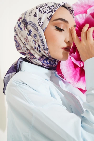 Etnik Çiçekli Soft Eşarp Koyu Mor ürün görseli 1