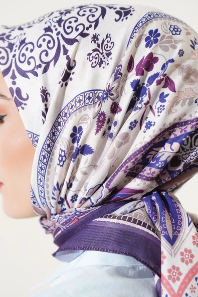 Etnik Çiçekli Soft Eşarp Koyu Mor - Resim 4