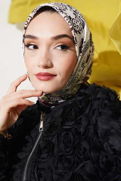 Etnik Çiçekli Soft Eşarp Antrasit - Resim 2