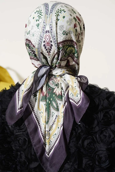 Etnik Çiçekli Soft Eşarp Antrasit - Resim 3