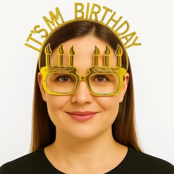 İt39s My Birthday Yazılı Taç Ve Mum Şekilli Gözlük Seti Altın Renk - Resim 2