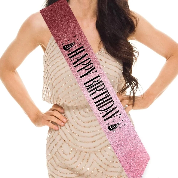 Pembe Üzeri Siyah Büyük Happy Birthday Yazılı Simli Işıltılı Kuşak Kemer 10 Cm Genişlik ürün görseli