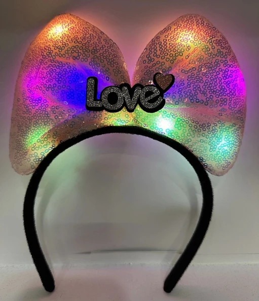 Led Işıklı 3 Farklı Fonksiyonda Yanan Gümüş Love Yazılı Toz Pembe Fiyonk Taç 20x17 Cm