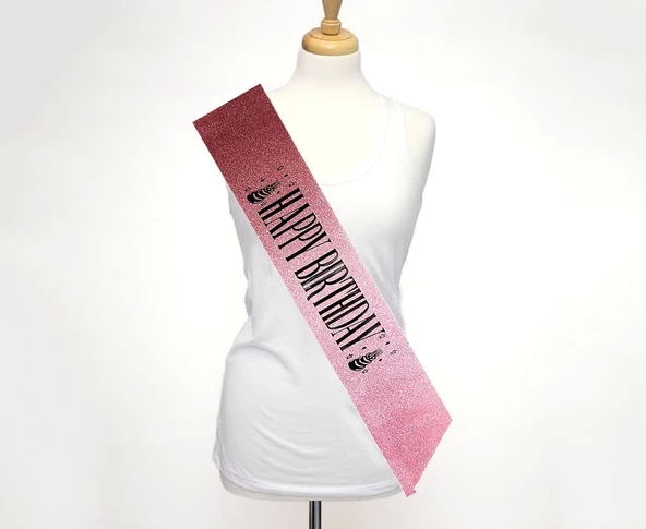 Pembe Üzeri Siyah Büyük Happy Birthday Yazılı Simli Işıltılı Kuşak Kemer 10 Cm Genişlik - Resim 2