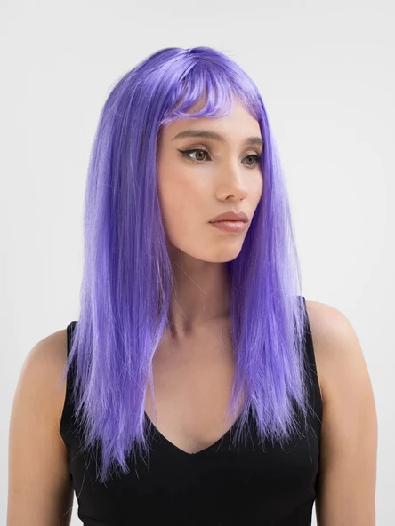 Lila Renk Uzun Düz Parti Peruğu - Resim 3