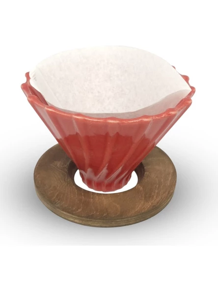 Ahşap Standlı V60 Seramik Dripper No.2 Kırmızı – Kahve Demleme, Barista Dripper, V60 Kahve Filtresi - 2