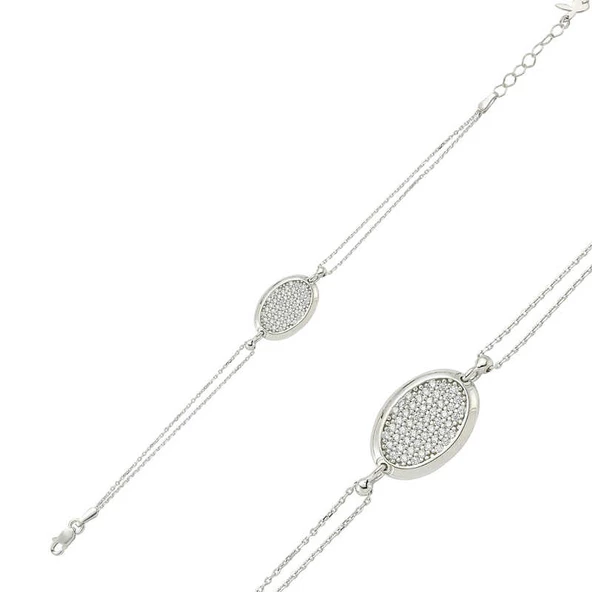 Gümüş Oval Beyaz Taşlı Bayan Bileklik SL1519 ürün görseli