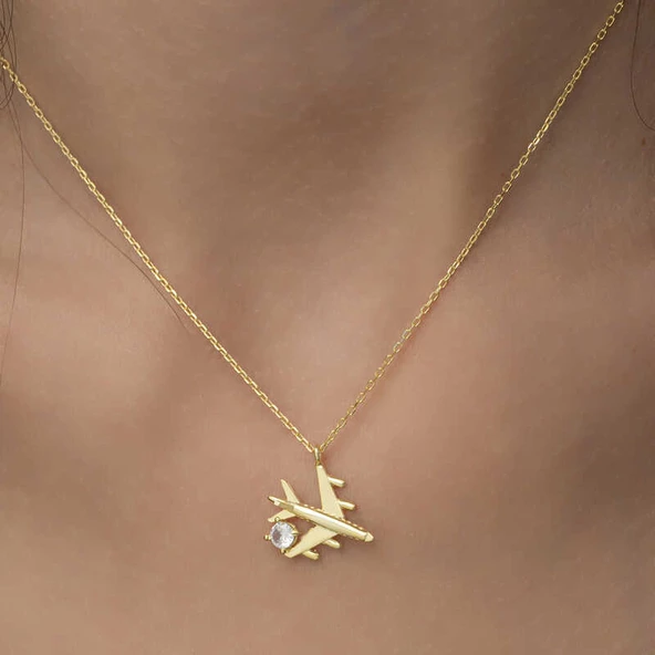 Gümüş Gold Tek Taşlı Uçak Kadın Kolye SL2044 - Resim 5