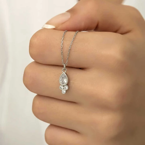 Gümüş Çiğ Damlası Tektaş Bayan Kolye SL1813 - 4