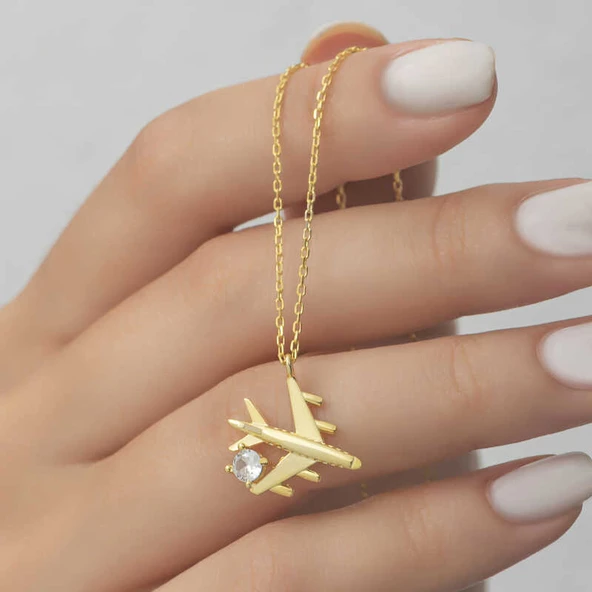 Gümüş Gold Tek Taşlı Uçak Kadın Kolye SL2044 - Resim 10