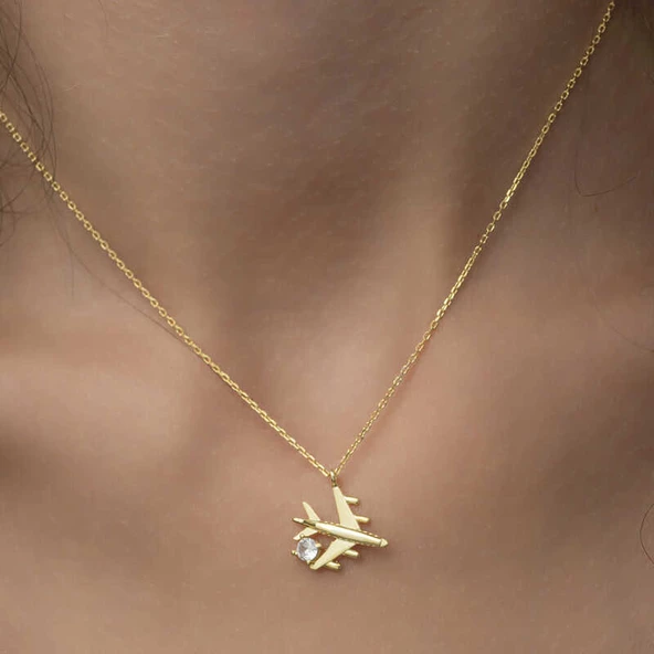 Gümüş Gold Tek Taşlı Uçak Kadın Kolye SL2044 - Resim 9