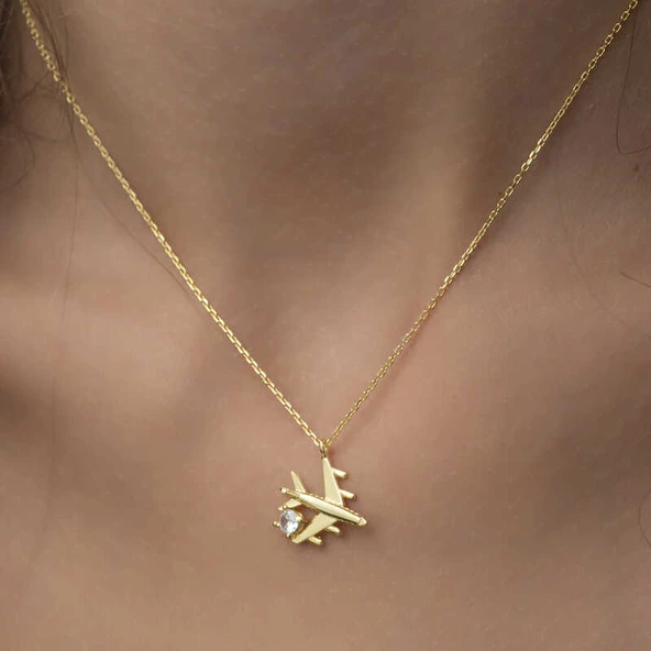 Gümüş Gold Tek Taşlı Uçak Kadın Kolye SL2044 - Resim 8