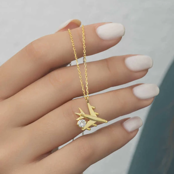Gümüş Gold Tek Taşlı Uçak Kadın Kolye SL2044 - Resim 4