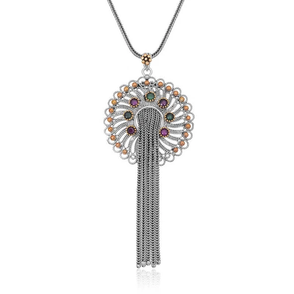 Gümüş Telkari Yakut Zümrüt Renkli Taşlı Kadın Kolye SL1882