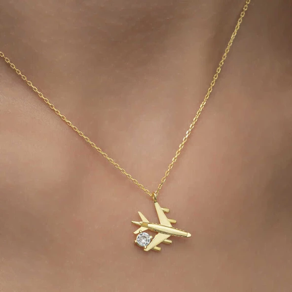 Gümüş Gold Tek Taşlı Uçak Kadın Kolye SL2044 - Resim 6