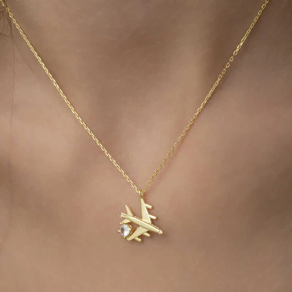 Gümüş Gold Tek Taşlı Uçak Kadın Kolye SL2044 - Resim 7