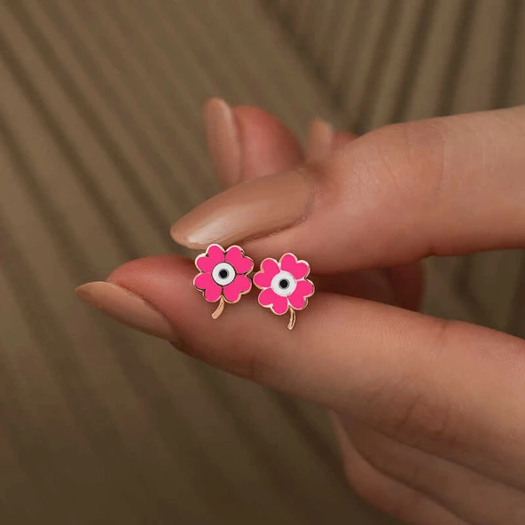 ​Gümüş Fosforlu Pembe Yonca Küpe SL2073 - Resim 3