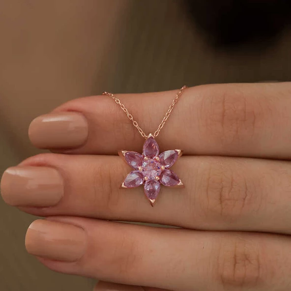 Gümüş Rose Pembe Çiçek Kolye SL2734 - Resim 3