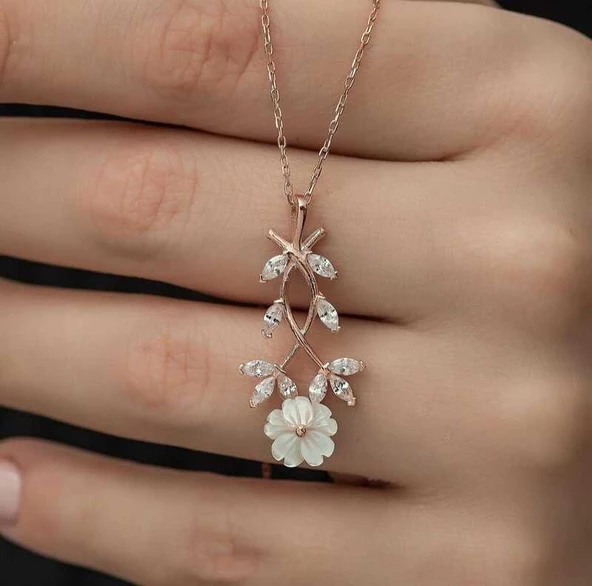 Gümüş Rose Beyaz Bahar Çiçeği Kolye SL2209 - 4