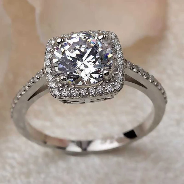 Gümüş Kare Tek Taş Bayan Yüzük SL2695 - Resim 4