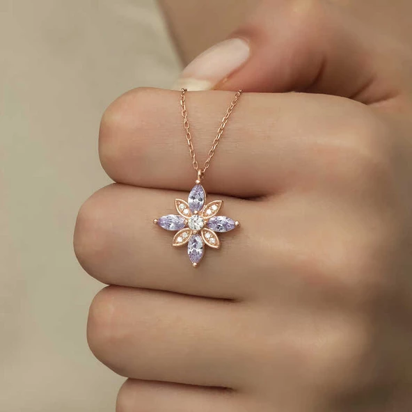 Gümüş Lila Taşlı Umut Çiçeği Kolye SL2395 - 6