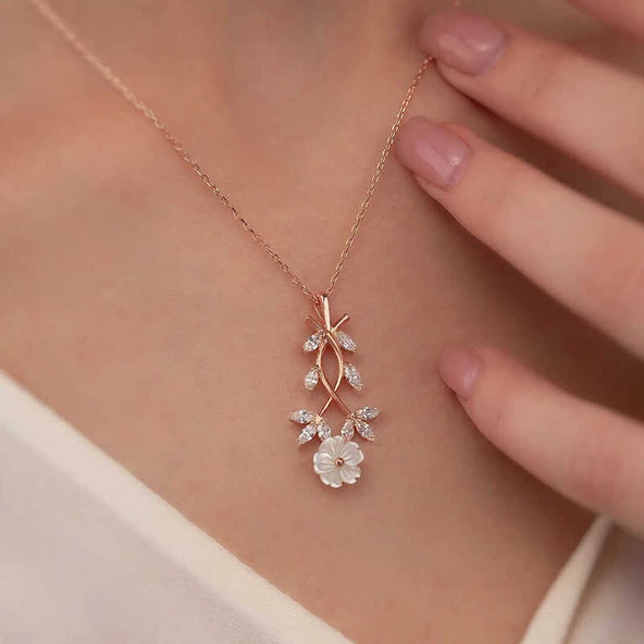Gümüş Rose Beyaz Bahar Çiçeği Kolye SL2209 - 2