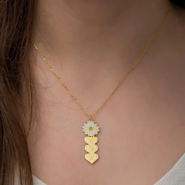 ​Gümüş Gold Kişiye Özel Kalpli Papatya Kolye SL2850 - Resim 2