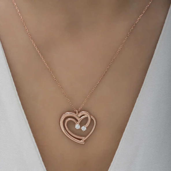 Gümüş Rose Birleşmiş Kalpler Kadın Kolye  SL3009 - Resim 4