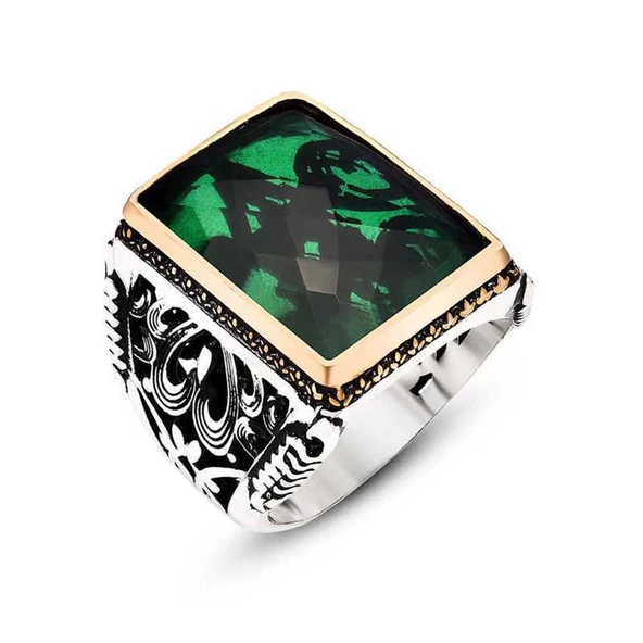 Gümüş Yeşil Zirkon Taşlı Erkek Yüzük  SL3067 - Resim 2