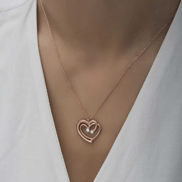 Gümüş Rose Birleşmiş Kalpler Kadın Kolye  SL3009 - Resim 3