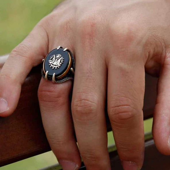 Gümüş Siyah Taşlı Kartal Pençesi Osmanlı Devlet Arması Erkek Yüzük  SL3048 - Resim 2