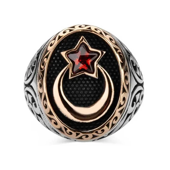 Gümüş Ay Yıldız Erkek Yüzük  SL3107 - Resim 2