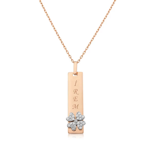 Gümüş Rose Yonca Desenli Plaka Kolye SL3155 - Resim 2