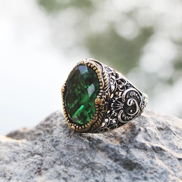 Gümüş Yeşil Zirkon Taşlı Erkek Yüzük  SL3065 - Resim 3