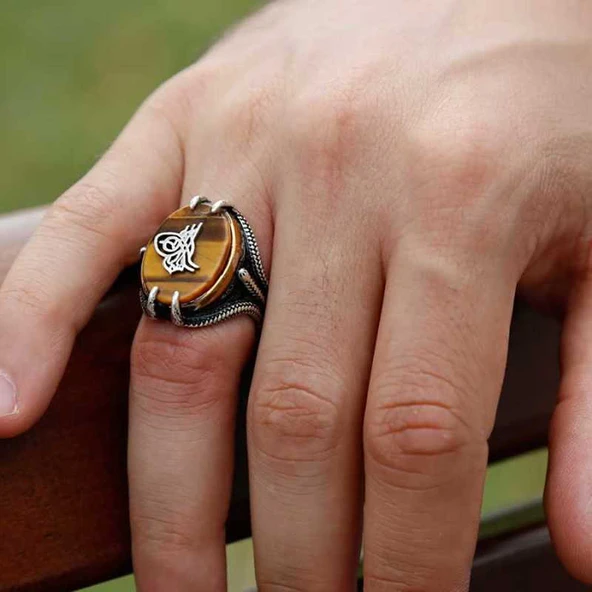 Gümüş Kaplan Gözü Taşlı Tuğralı Erkek Yüzük  SL3047 - Resim 4