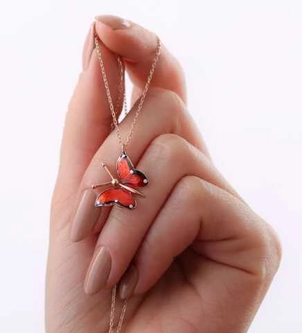 Gümüş Rose Kırmızı Kelebek Kolye SL2982 - Resim 4