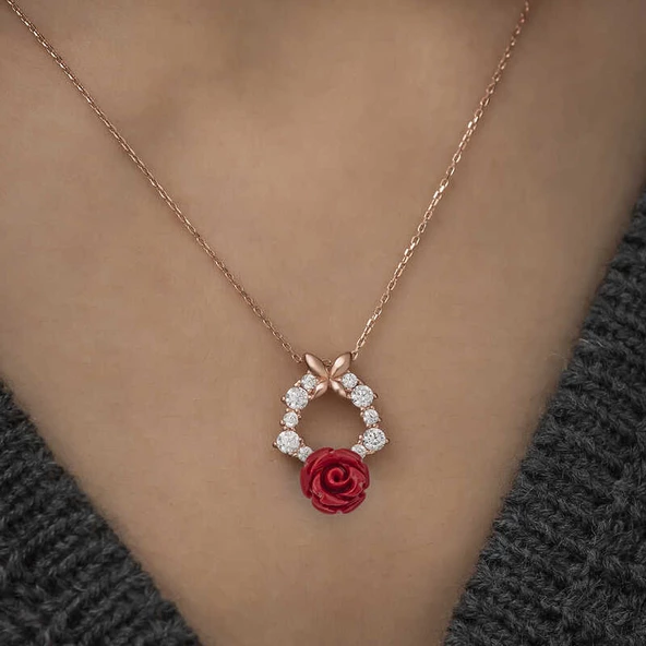 ​​Gümüş Rose Kırmızı Gül Kolye SL3199 - 3