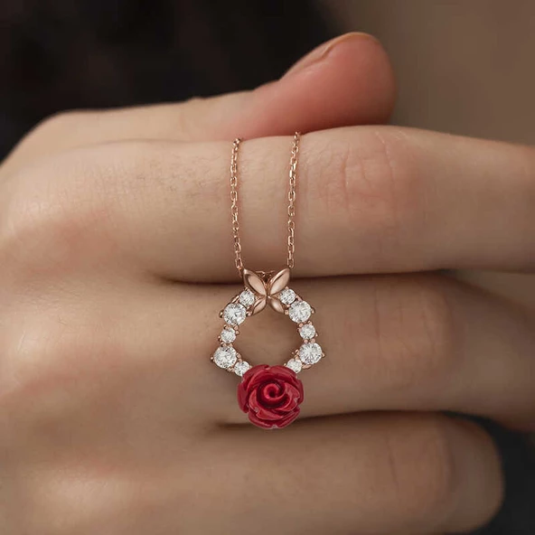 ​​Gümüş Rose Kırmızı Gül Kolye SL3199 - 4