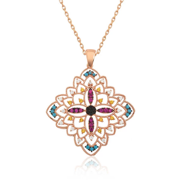 Gümüş Rose Etnik Desenli Madalyon Kolye  SL3327 - Resim 3