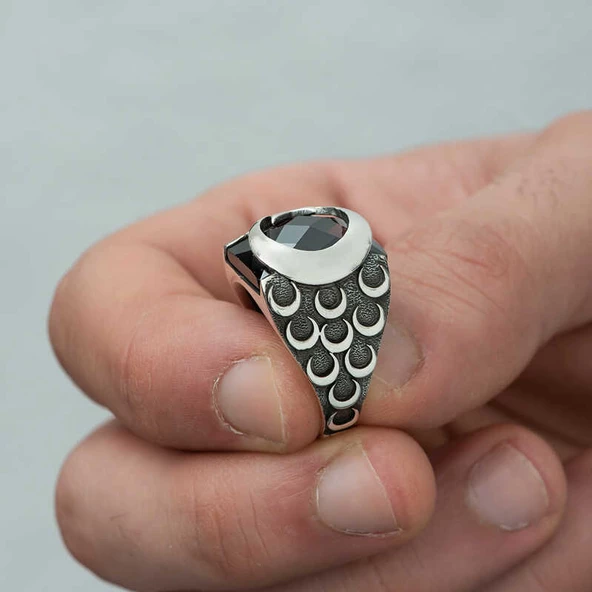 ​Gümüş Kırmızı Kesme Taşlı Ay Yıldız Erkek Yüzük SL3591 - Resim 6