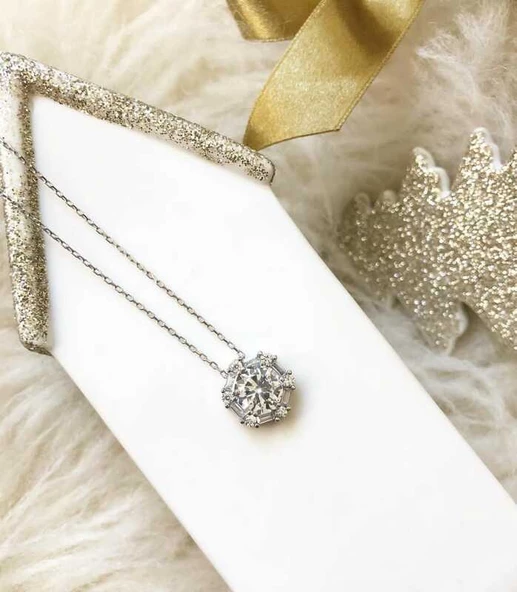 Gümüş Buz Beyazı Baget Taşlı Bayan Kolye  SL3594 - Resim 2