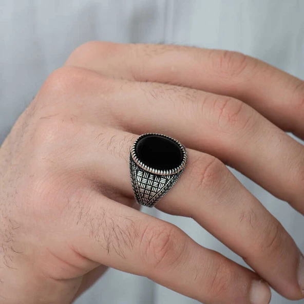 Gümüş Oniks Taşlı Örgü Desenli Erkek Yüzük  SL3600 - Resim 6