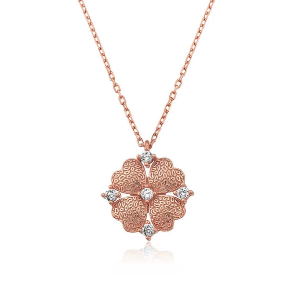 Gümüş Rose Kalp Yapraklı Çiçek Kolye SL3506 - 1