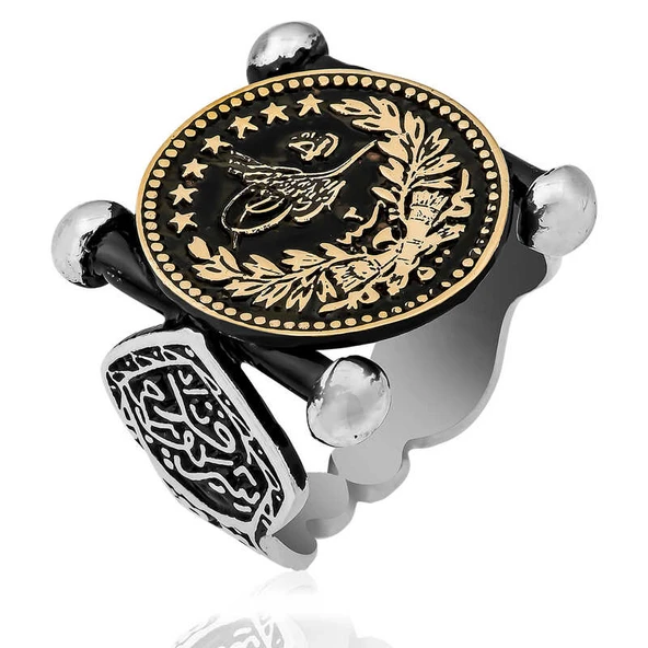 Gümüş Kadem-i Şerif Detaylı Osmanlı Arması Erkek Yüzük SL3613 - Resim 8