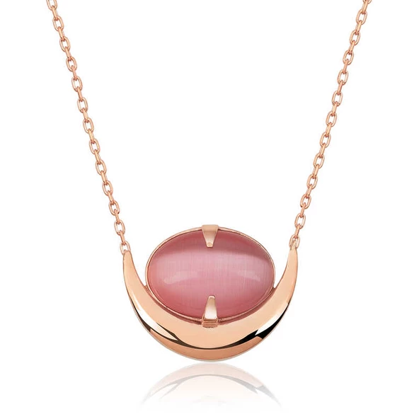 Gümüş Pembe Kedi Gözü Taşlı Hilal Kolye SL3419 ürün görseli