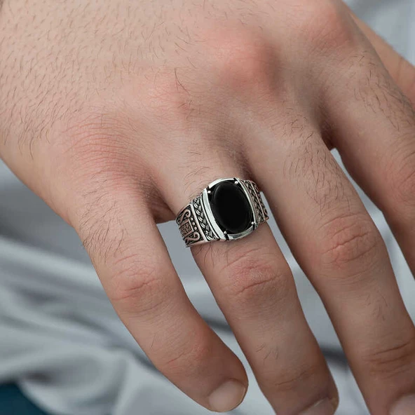 Gümüş Oniks Taşlı Örgü Desenli Erkek Yüzük  SL3604 - Resim 7