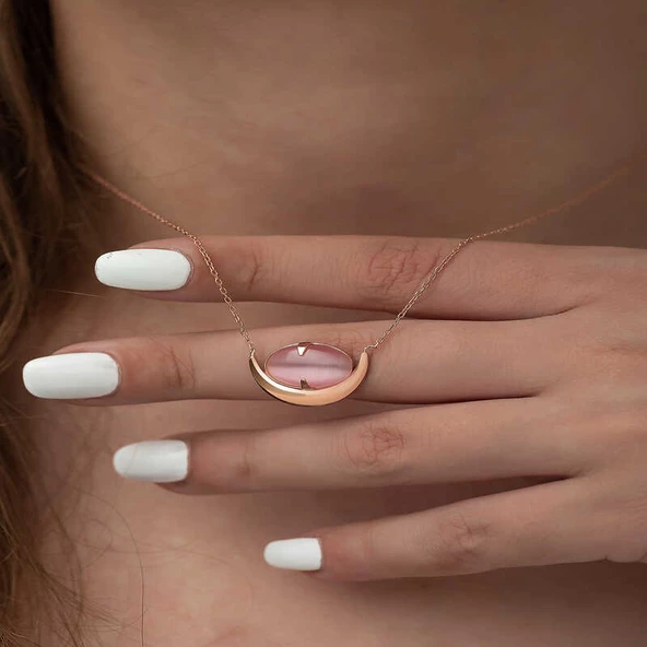 Gümüş Pembe Kedi Gözü Taşlı Hilal Kolye SL3419 - Resim 2