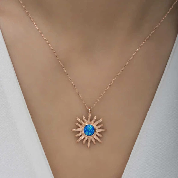 ​Gümüş Rose Mavi Opal Taşlı Güneş Kadın Kolye  SL3409 - Resim 5