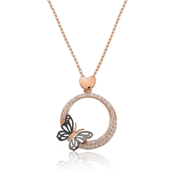 Gümüş Rose Kalpli Kelebek Çemberi Kolye SL3555 - 1