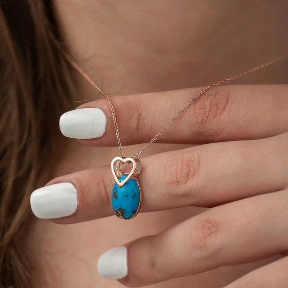 ​Gümüş Rose Turkuaz Taşlı Kalp Kolye SL3417 - Resim 3